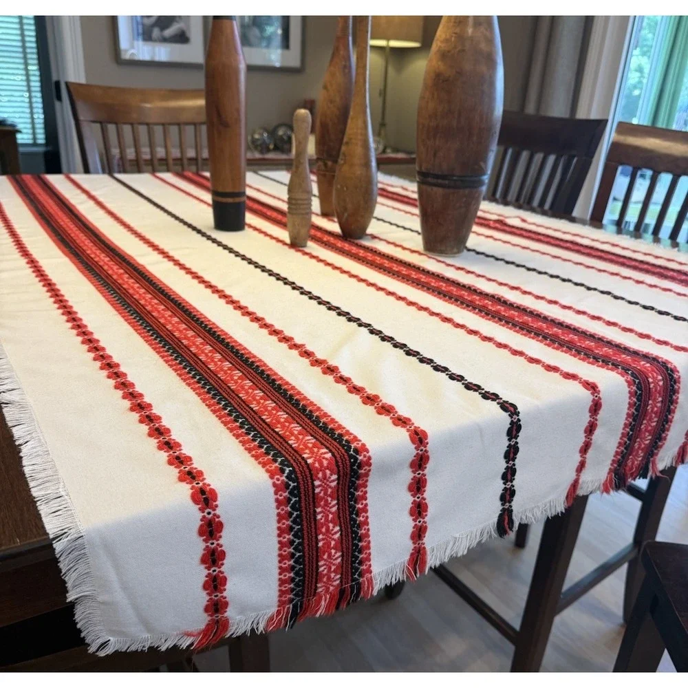 Vintage Ukrainian Woven Tablecloth Red Black Slavic Folk Fringe 44x62 Cotton EUC